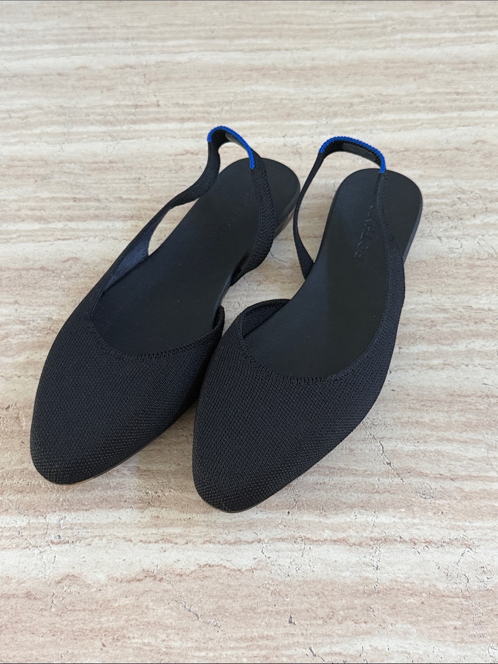 Rothy's Black Pointed Slingback Flats with Blue Heel Loop